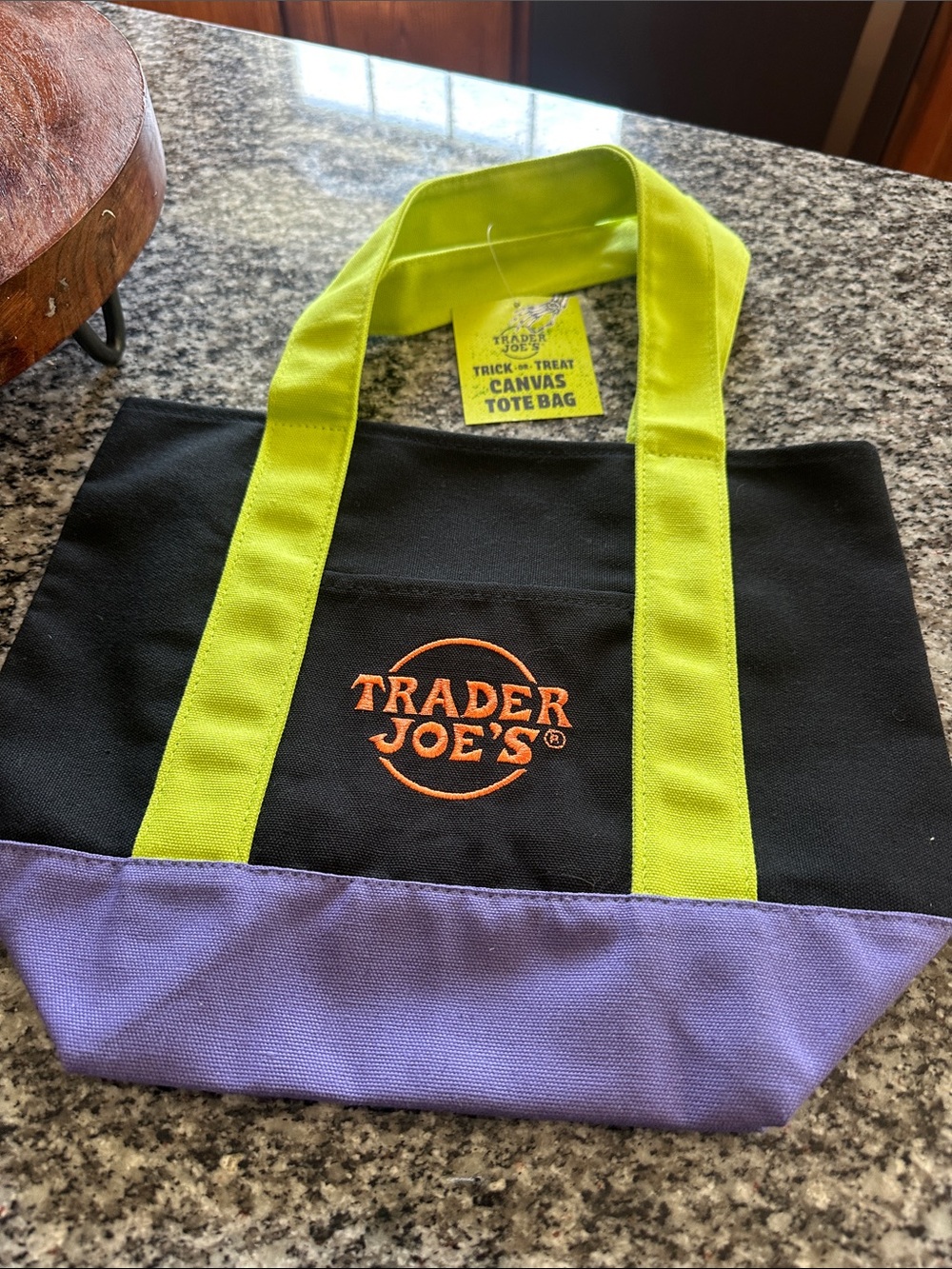 Black Canvas Tote Bag with Lime Handles and Purple Base
